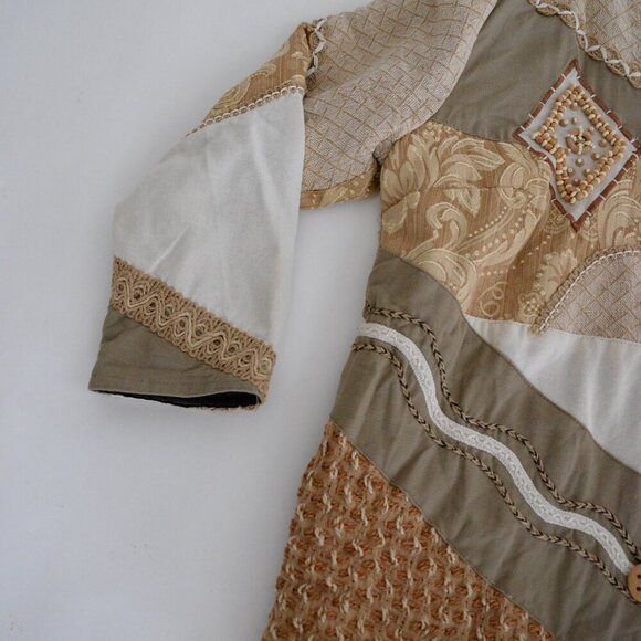 Vintage Allure Tan Cream Embroidered Floral Patchwork Beaded Button Jacket M - Picture 9 of 10